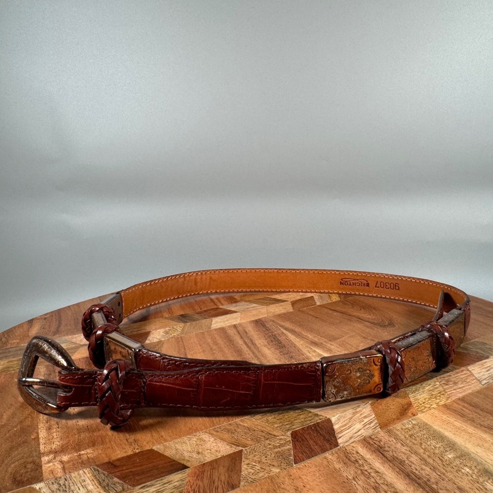 Brighton Brown Croc Embossed Braided Leather Western Belt Medium Silver Tone